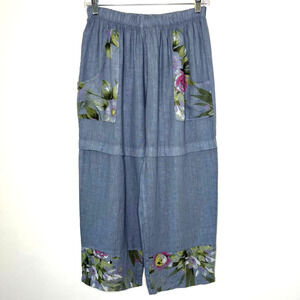 Vintage Concept Women's 100% Linen Pull-on Pants Sky Blue Floral Print Size S